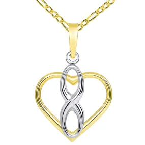 14k Gold Vertical Infinity Sign in Open Heart Pendant with Figaro Necklace - Two-Tone Gold