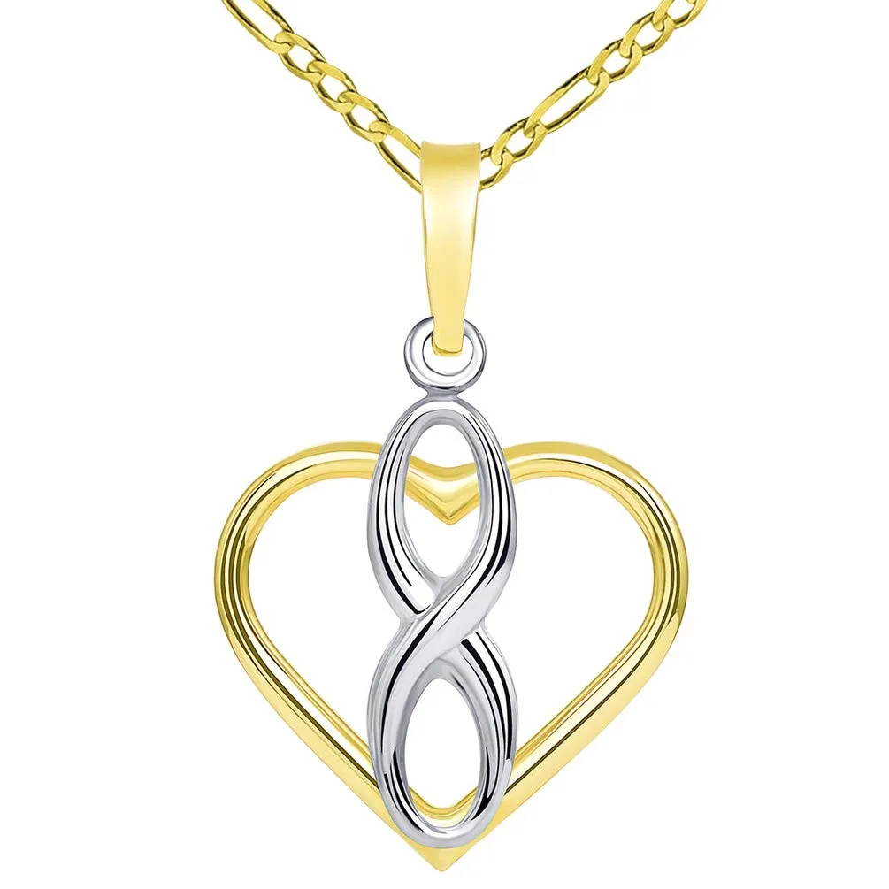 14k Gold Vertical Infinity Sign in Open Heart Pendant with Figaro Necklace - Two-Tone Gold