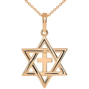 14k Rose Gold Jewish Star of David with Beautiful Religious Cross Judeo Christian Pendant Necklace