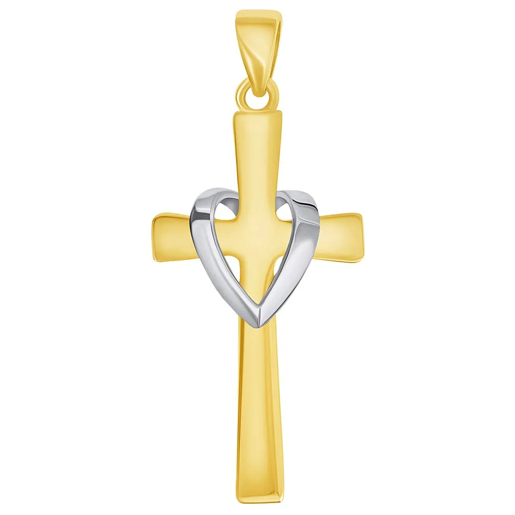 14k Solid Two-Tone Gold Religious Heart Cross Pendant Necklace