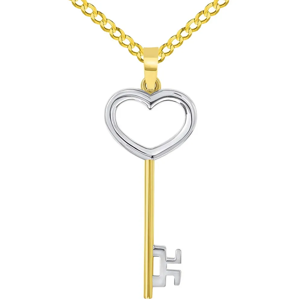 14k Solid Yellow Gold 3D Two Tone Open Heart Shaped Love Key Pendant with Cuban Curb Chain Necklace