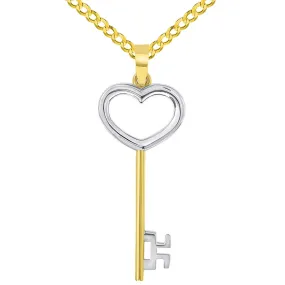 14k Solid Yellow Gold 3D Two Tone Open Heart Shaped Love Key Pendant with Cuban Curb Chain Necklace