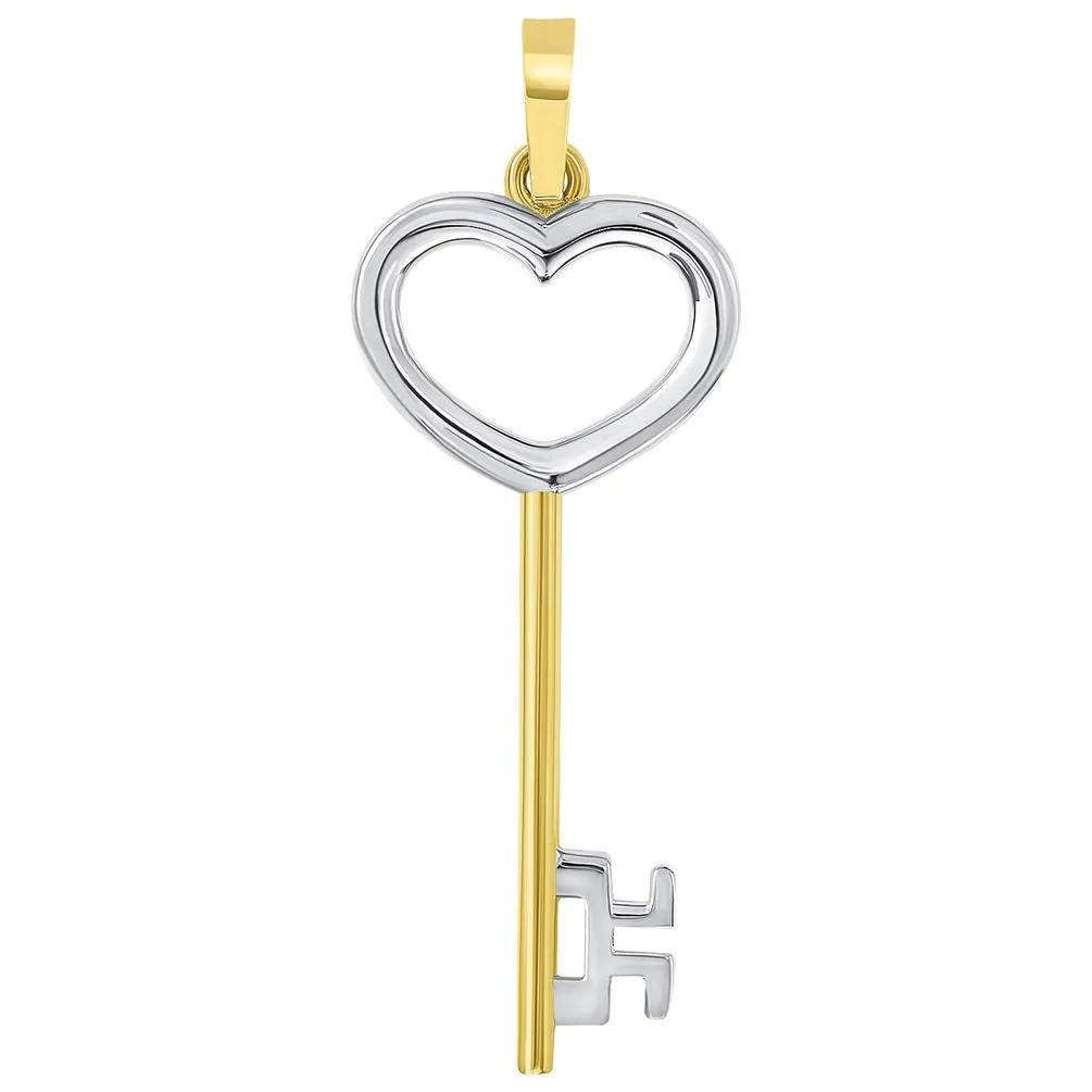 14k Solid Yellow Gold 3D Two Tone Open Heart Shaped Love Key Pendant with Cuban Curb Chain Necklace