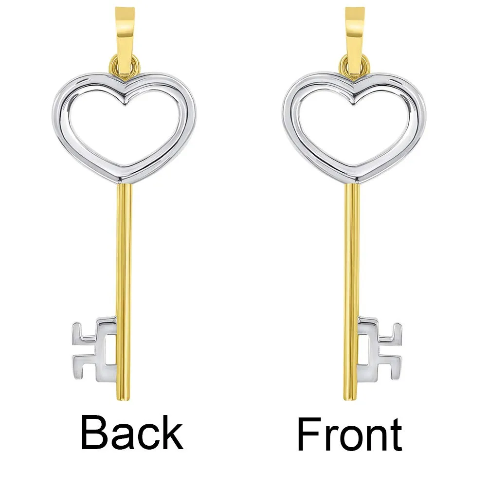 14k Solid Yellow Gold 3D Two Tone Open Heart Shaped Love Key Pendant with Cuban Curb Chain Necklace