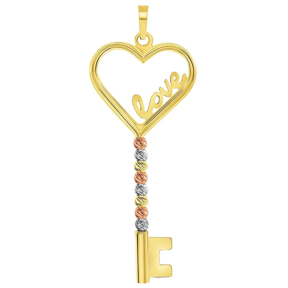 14k Tri-Color Gold Love Written Open Heart Beaded Key Pendant with Cable, Curb or Figaro Chain Necklace