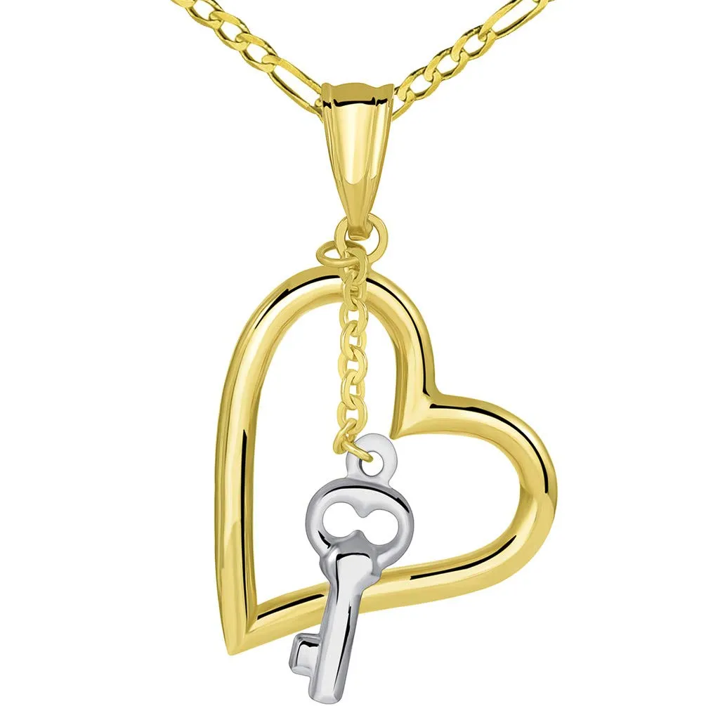 14k Two Tone Gold Open Heart Pendant with White Gold Dangling Key Figaro Necklace