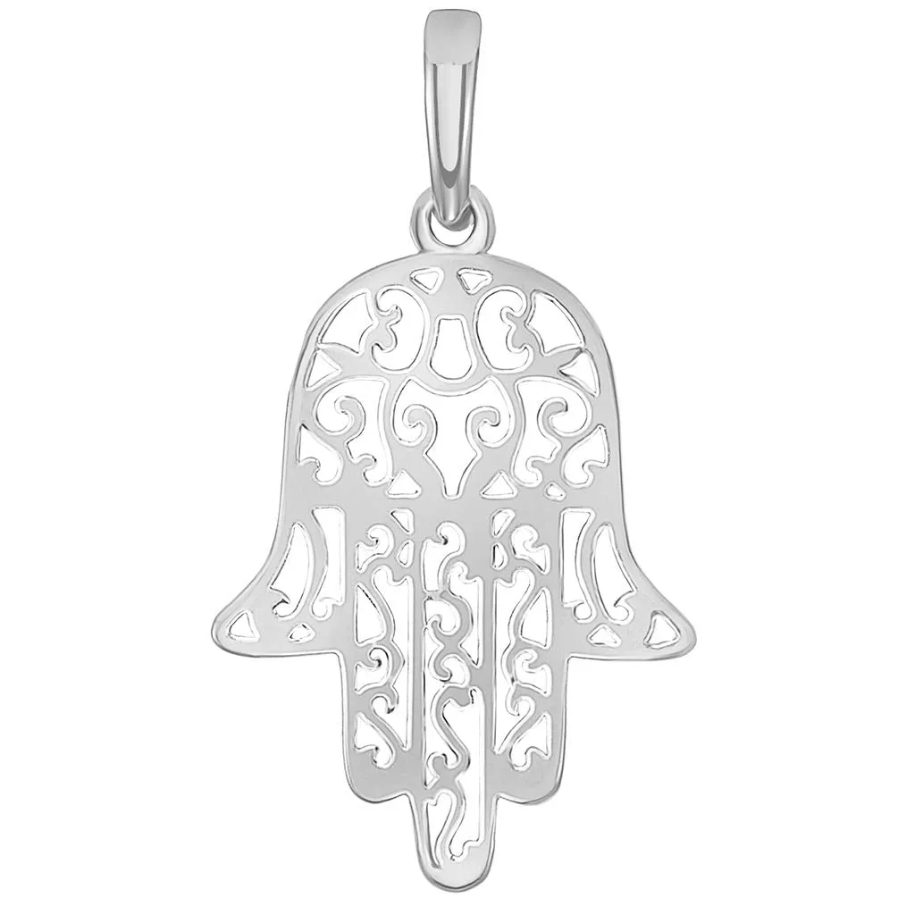 14k White Gold Filigree Hamsa Hand of Fatima Charm Pendant Necklace