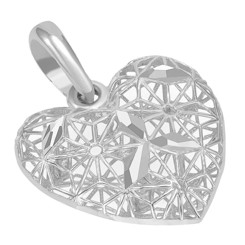 14k White Gold Textured 3D Filigree Heart Charm Pendant Necklace