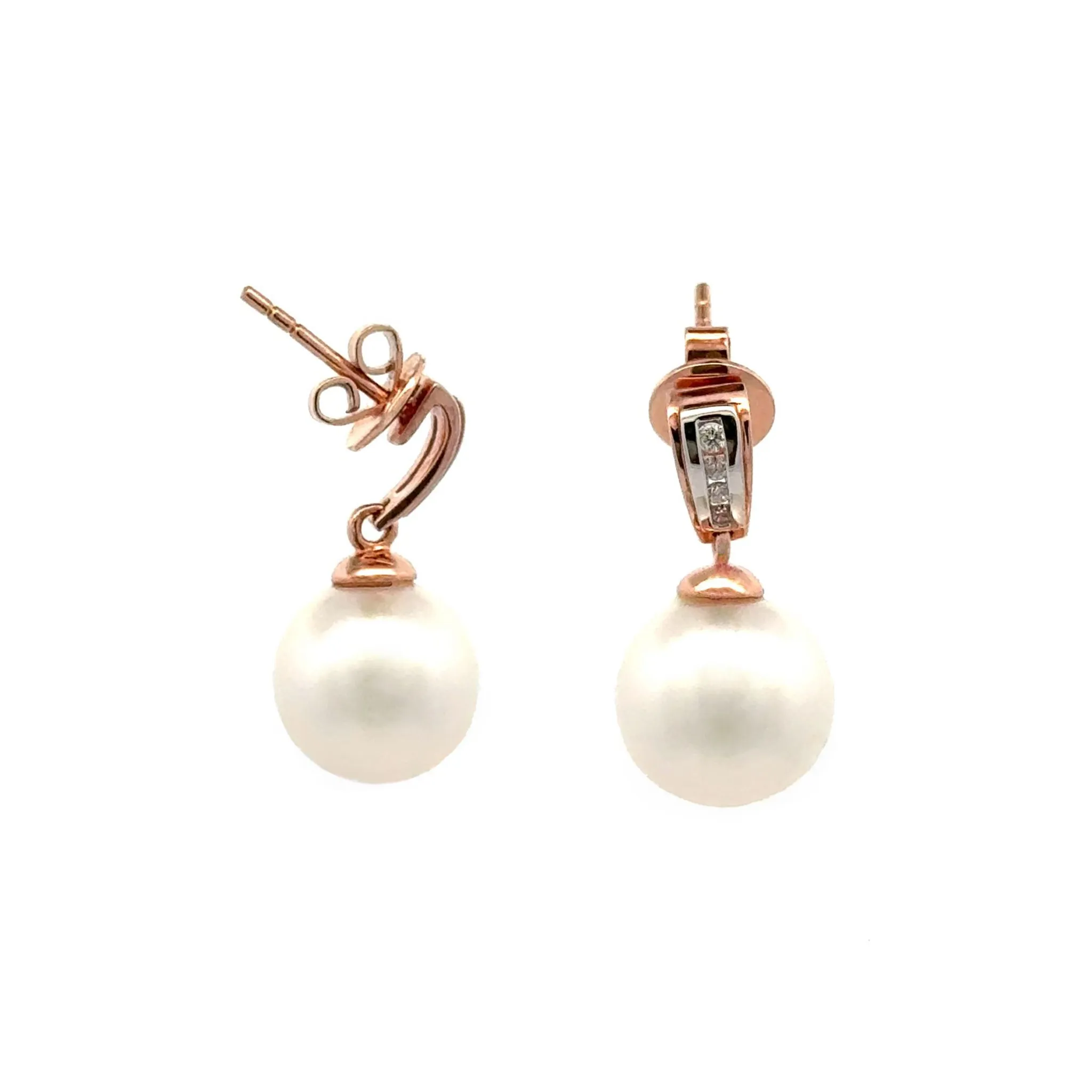 18K Rose Gold Australian South Sea 12-13mm Cultured Pearl and Diamond Drop Earrings