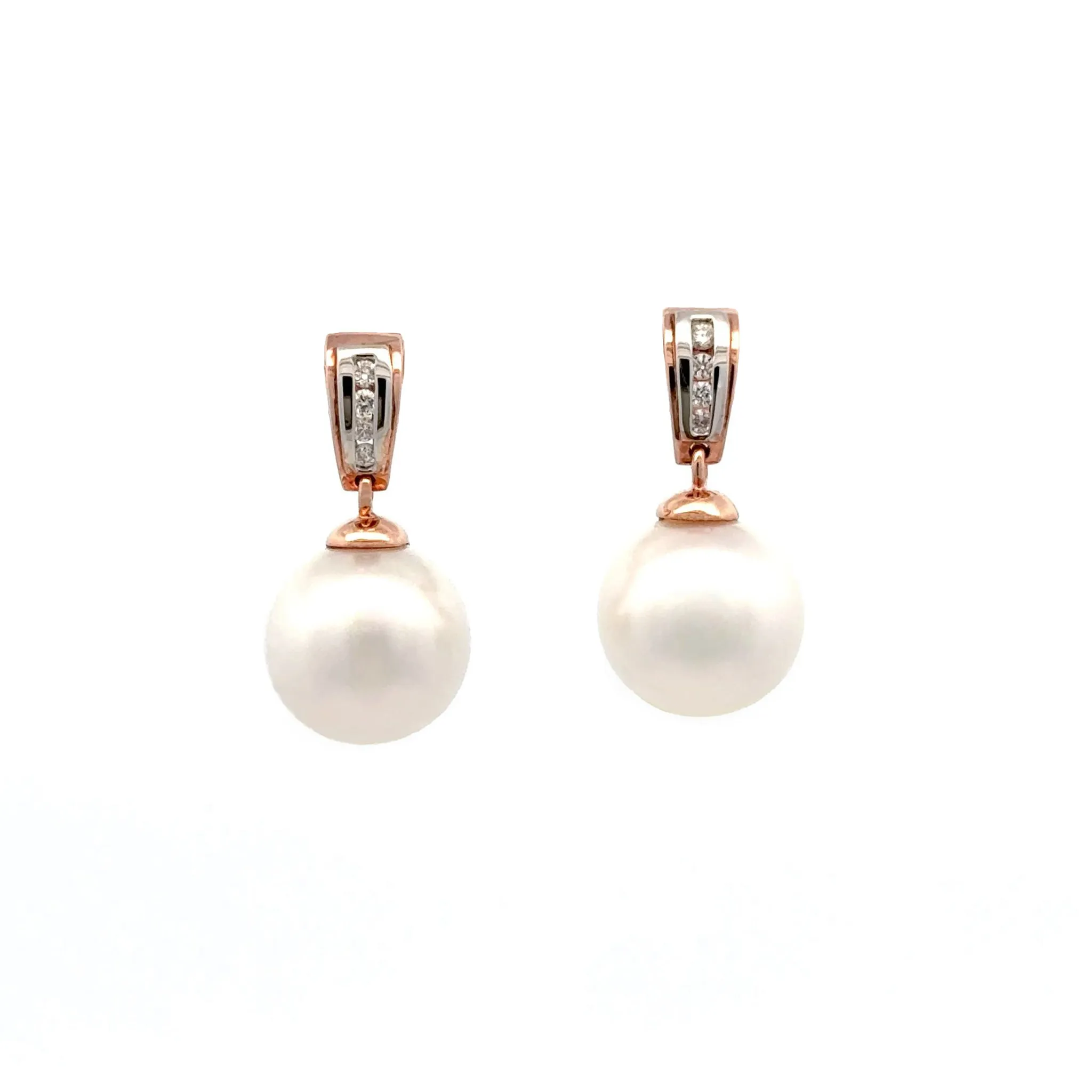 18K Rose Gold Australian South Sea 12-13mm Cultured Pearl and Diamond Drop Earrings