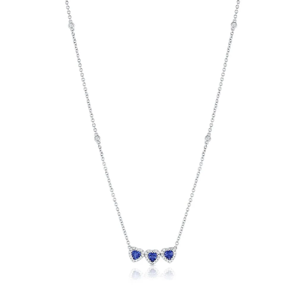 18k White Gold Blue Sapphire Diamond Triple Heart Pendant Necklace