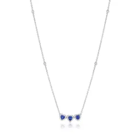 18k White Gold Blue Sapphire Diamond Triple Heart Pendant Necklace