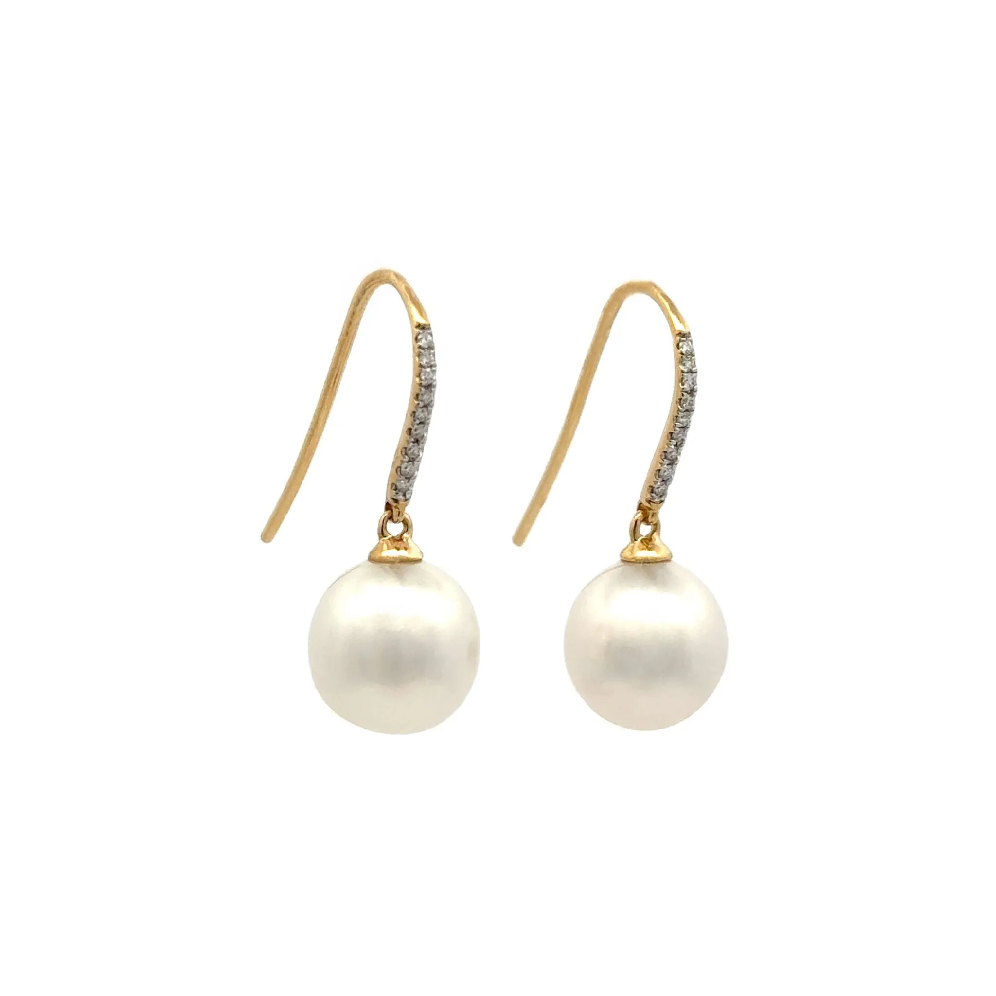 18K Yellow Gold Australian South Sea 10-11mm Cultured Pearl and Diamond Hook Earrings