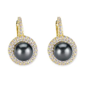 18K YELLOW GOLD DIAMOND EARRINGS WITH BLACK PEARL