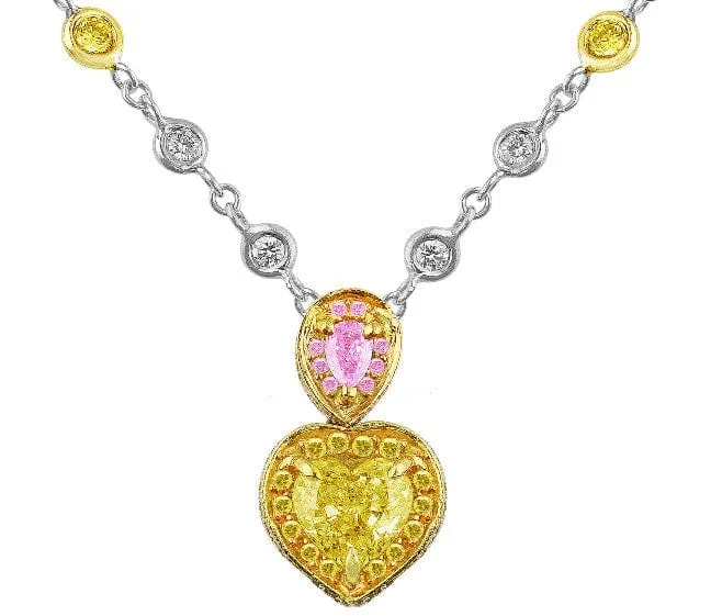 18k Yellow Gold Platinum Yellow Diamond Heart Necklace