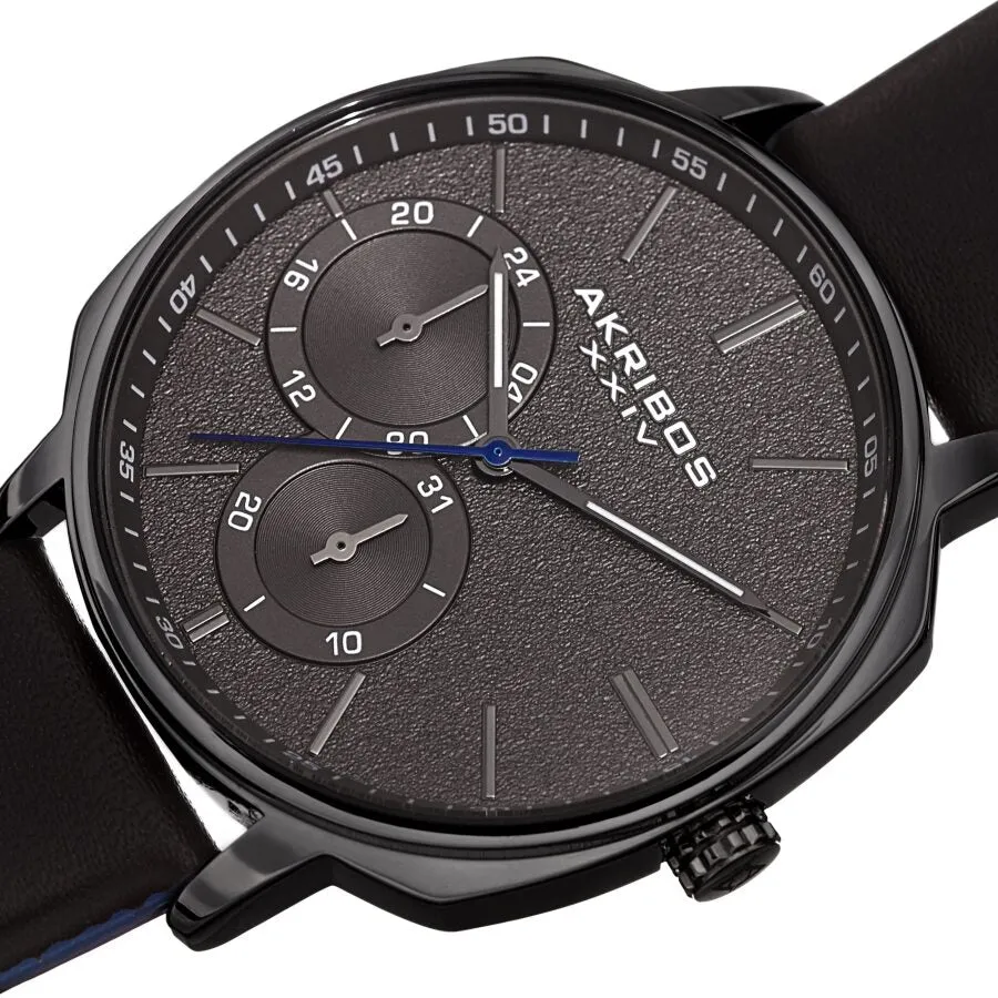 Akribos Xxiv Quartz Grey Dial Black Leather Men's Watch AK1022BK