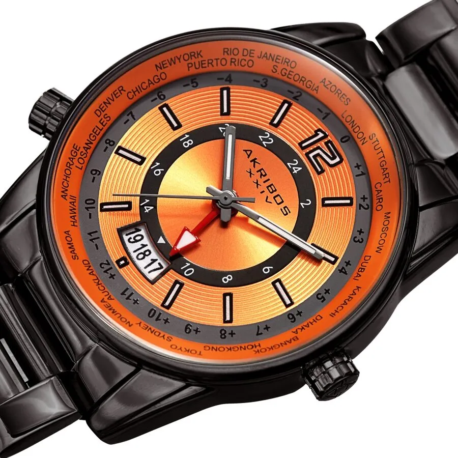 Akribos Xxiv World Time Quartz Orange Dial Men's Watch AK1021GNOR