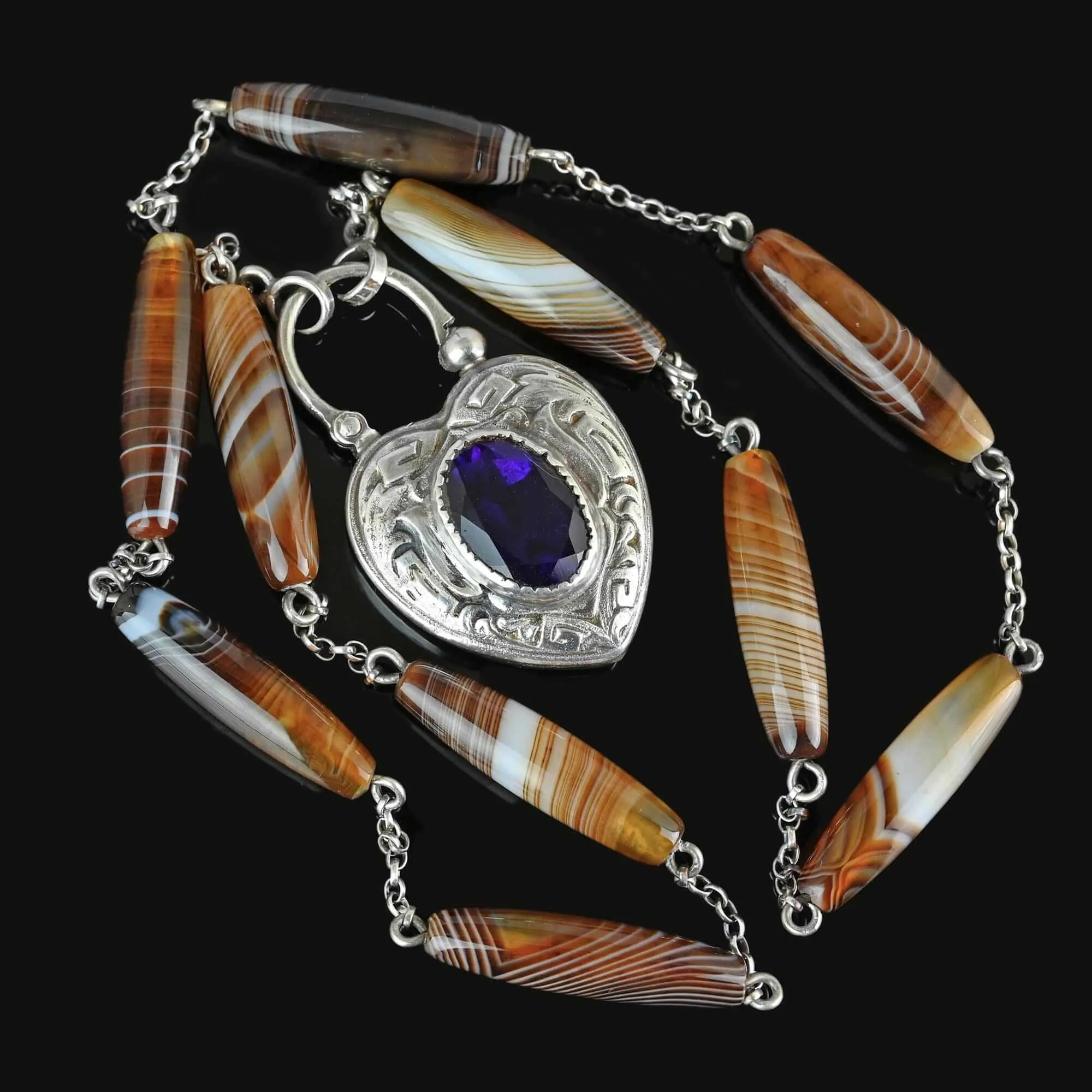 Antique Amethyst Heart Padlock Banded Agate Necklace