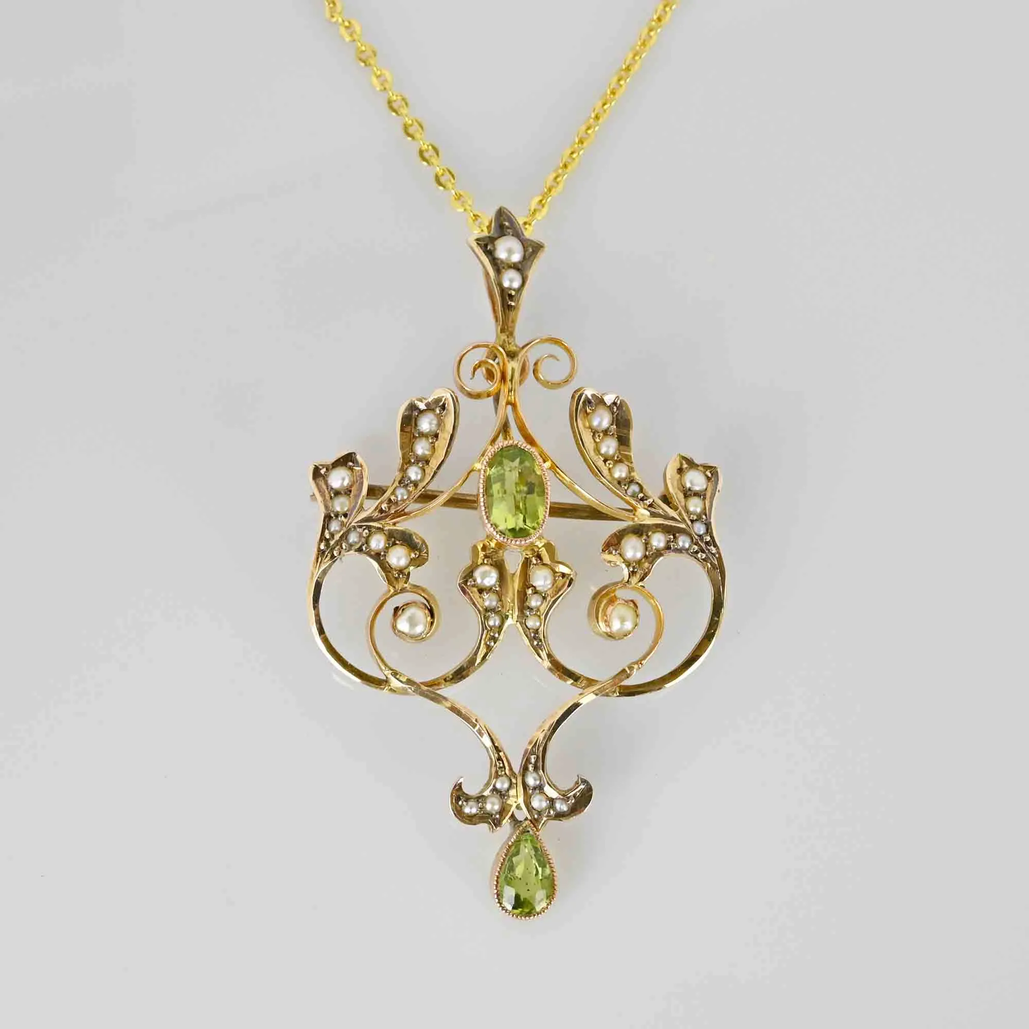 Antique Edwardian Peridot Pearl Pendant Brooch