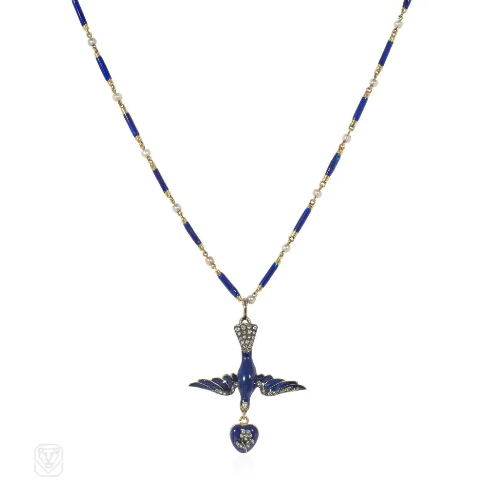 Antique French enamel and diamond bird and heart necklace