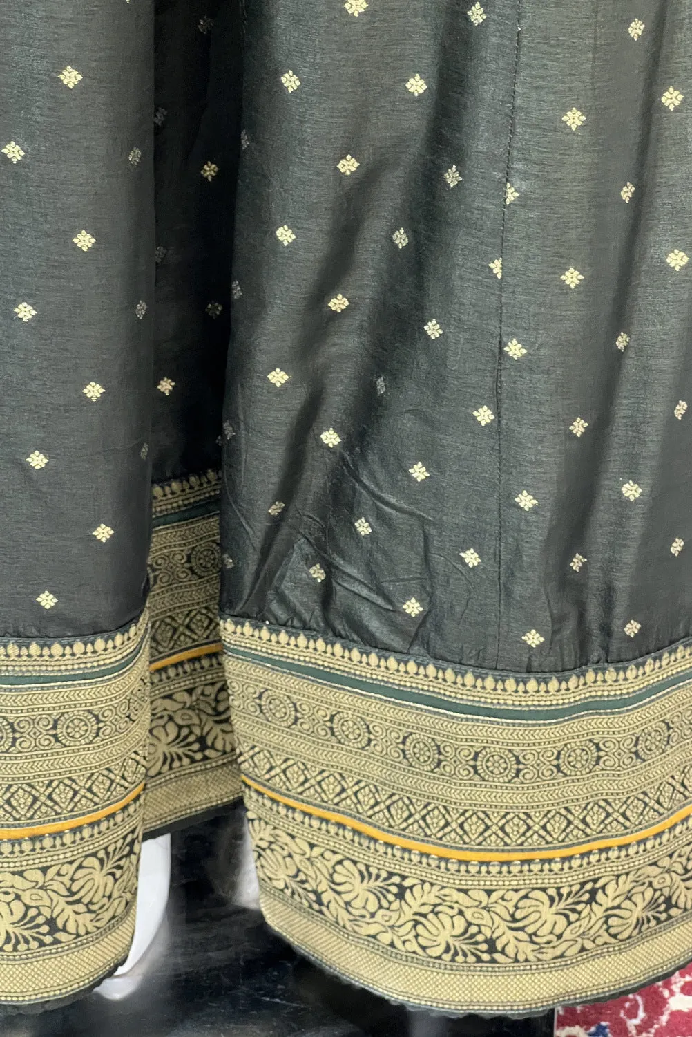 Bottle Green Banaras, Mirror and Thread work Palazzo Salwar Suit