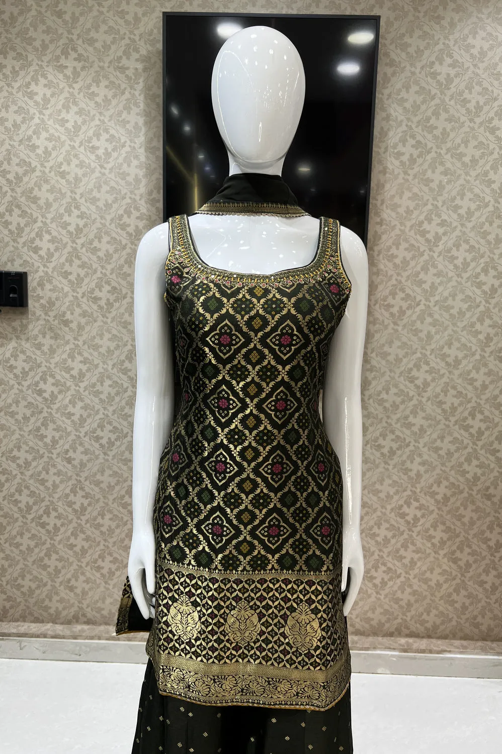 Bottle Green Banaras, Mirror and Thread work Palazzo Salwar Suit