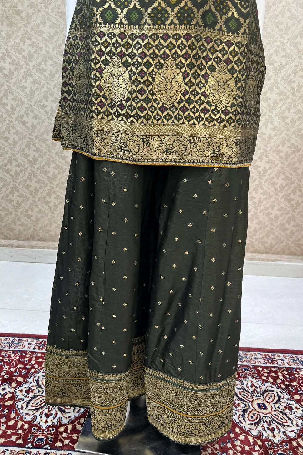 Bottle Green Banaras, Mirror and Thread work Palazzo Salwar Suit