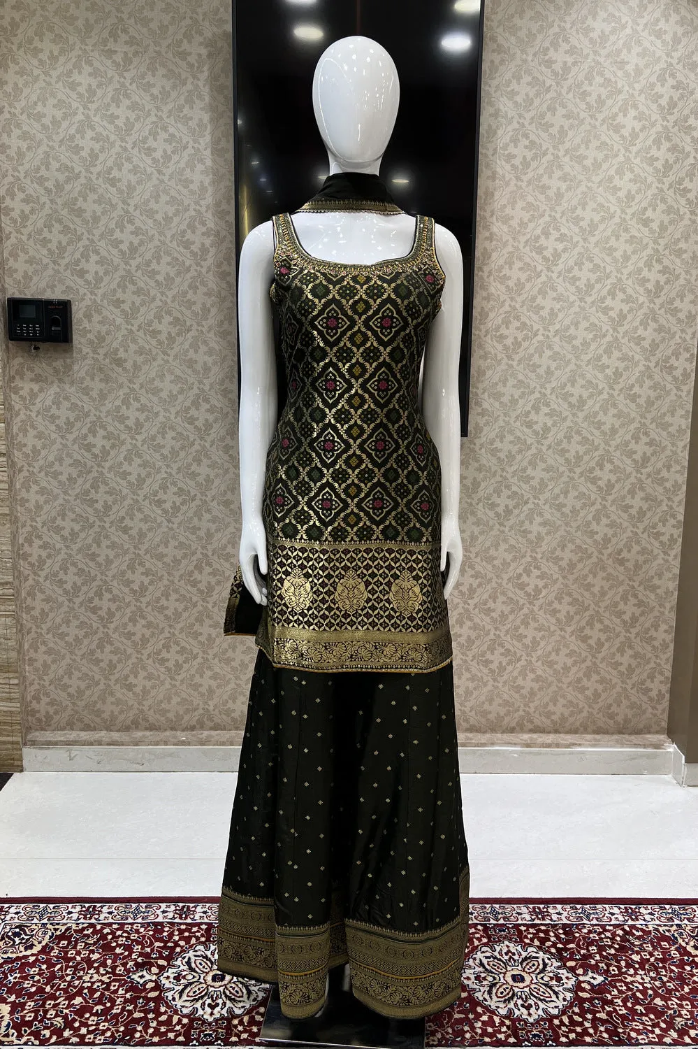 Bottle Green Banaras, Mirror and Thread work Palazzo Salwar Suit