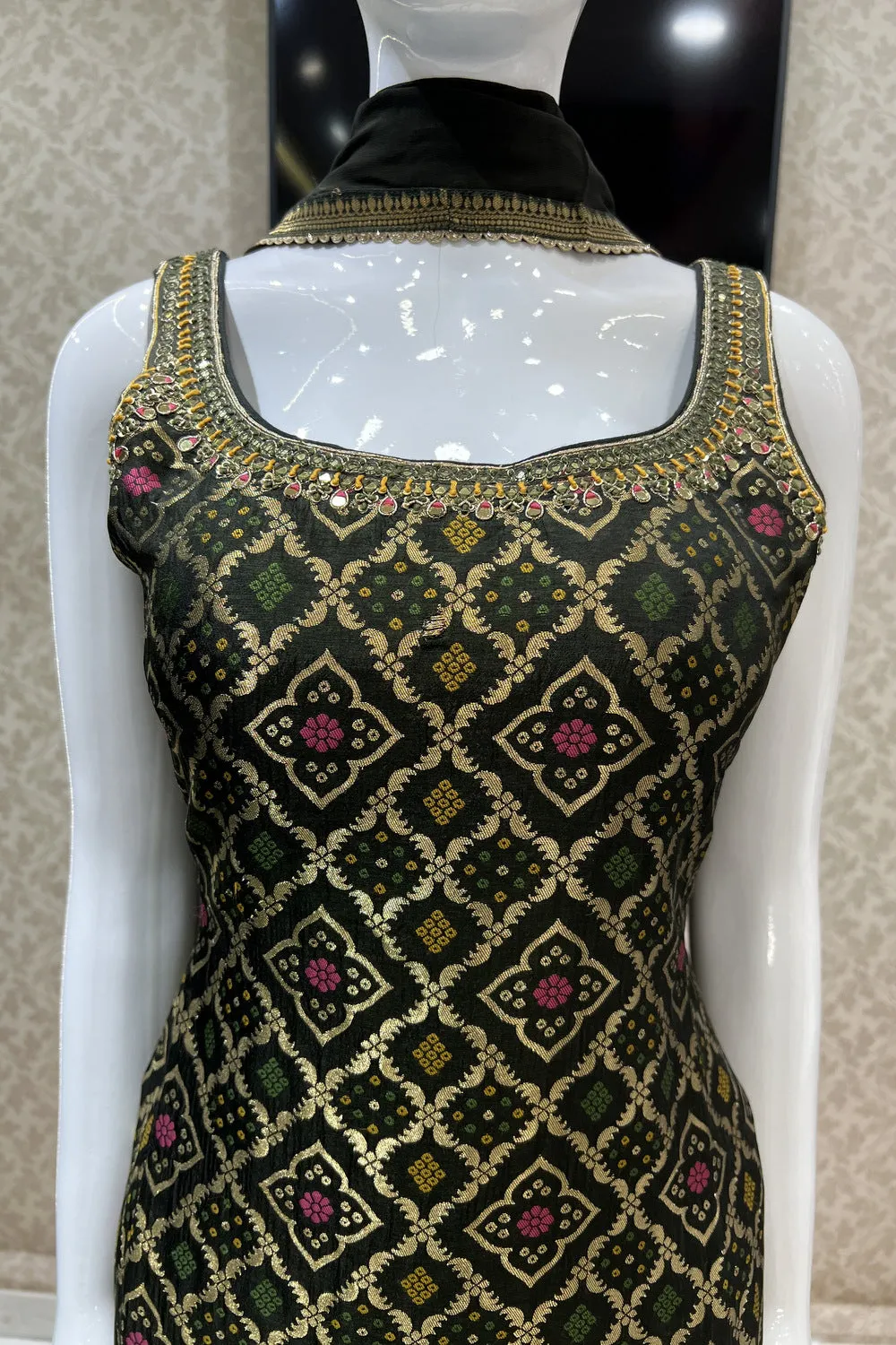 Bottle Green Banaras, Mirror and Thread work Palazzo Salwar Suit