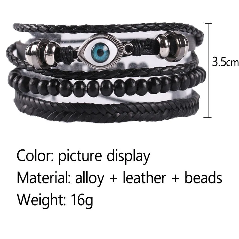 Braided leather cord evil eye bracelet black