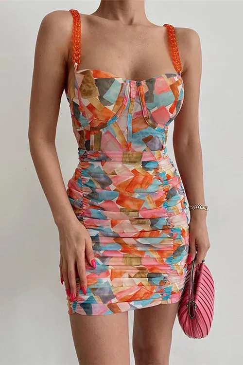 Chain Strap Multicolored Printed Dress