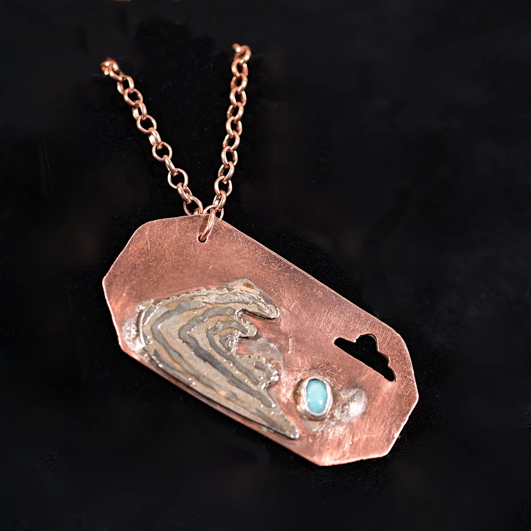 Copper & Mixed Metal Dogtag Necklace, Modernist Abstract Artisan Hand Crafted   Blue Stone