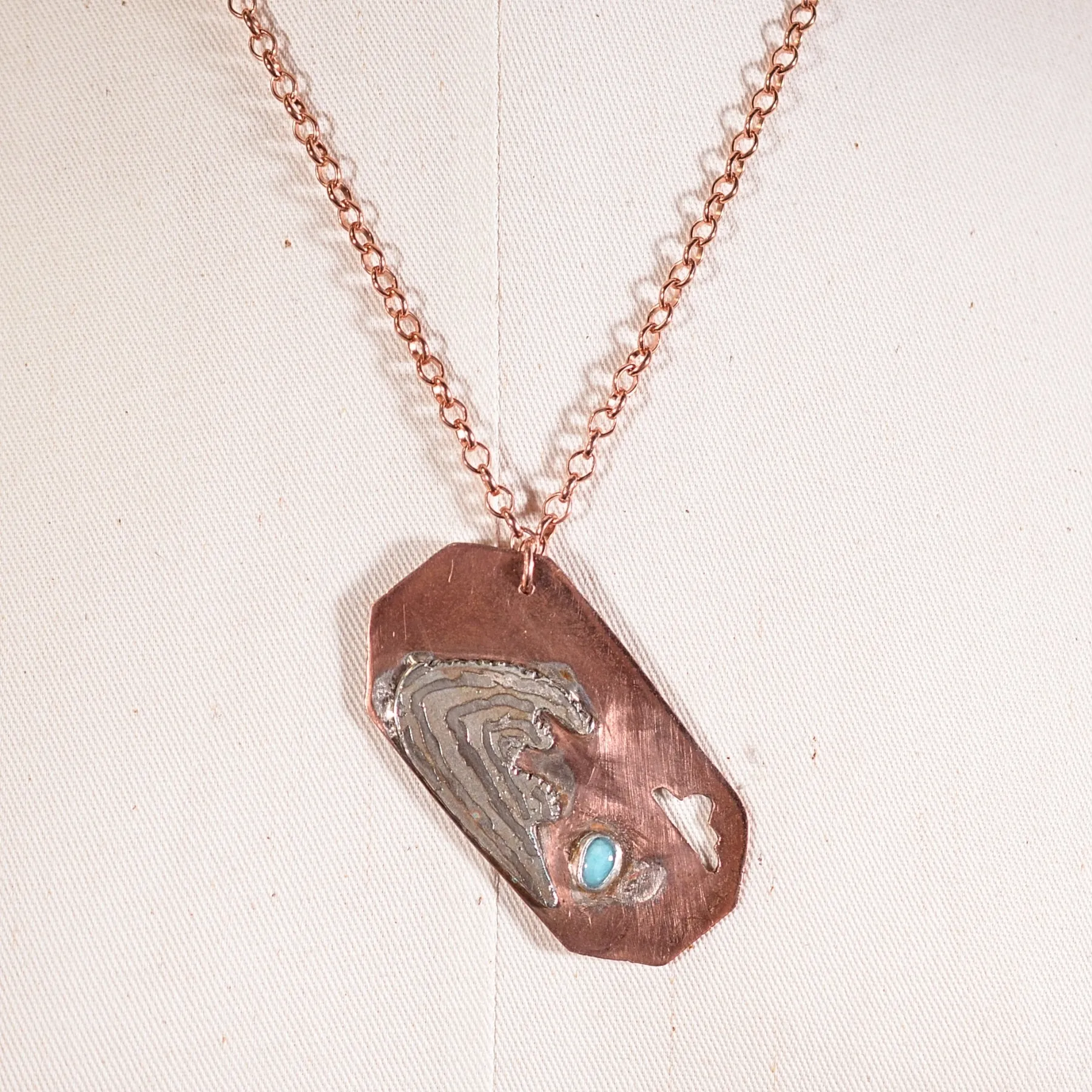 Copper & Mixed Metal Dogtag Necklace, Modernist Abstract Artisan Hand Crafted   Blue Stone