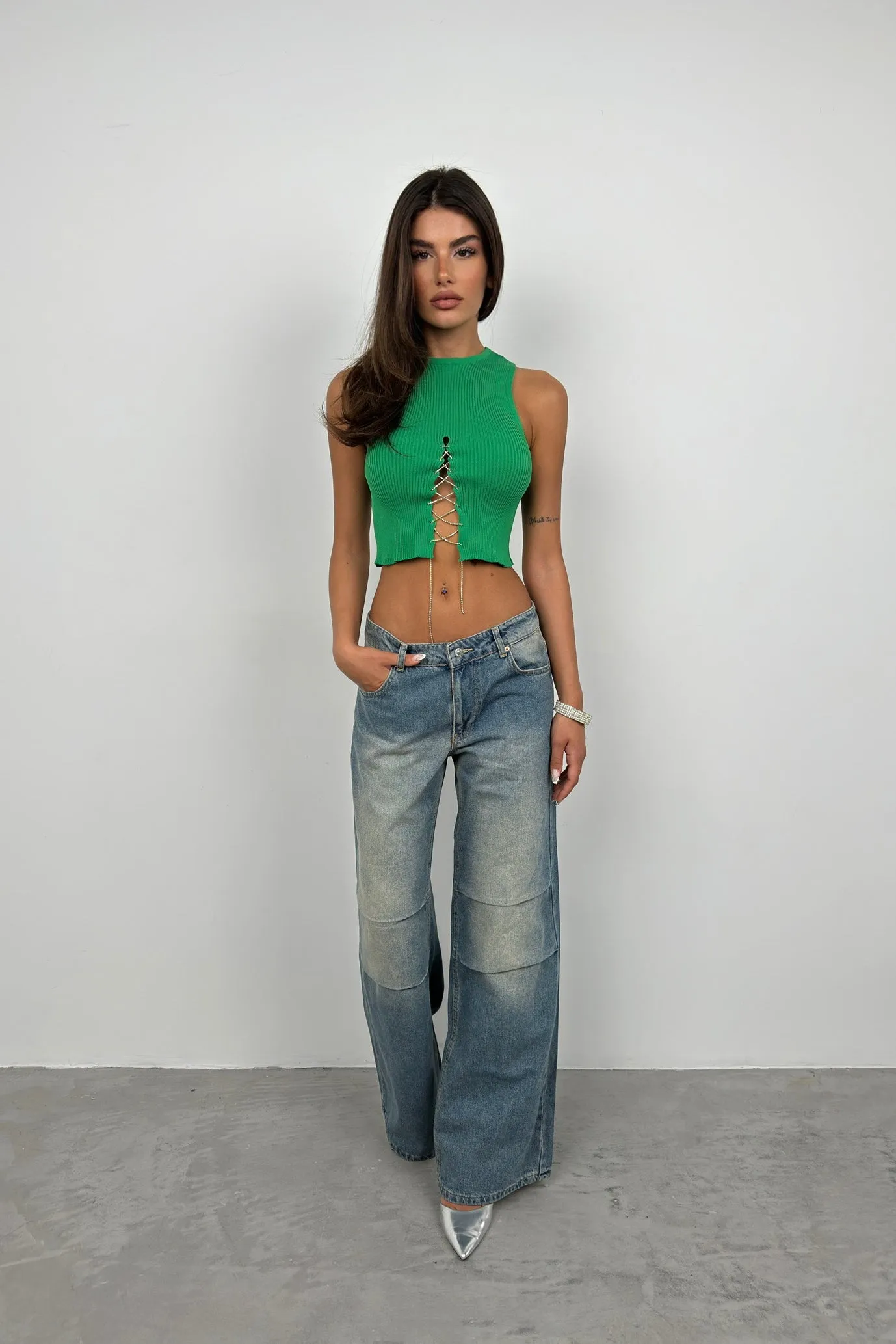 Crop Top With Stone Chain Detail