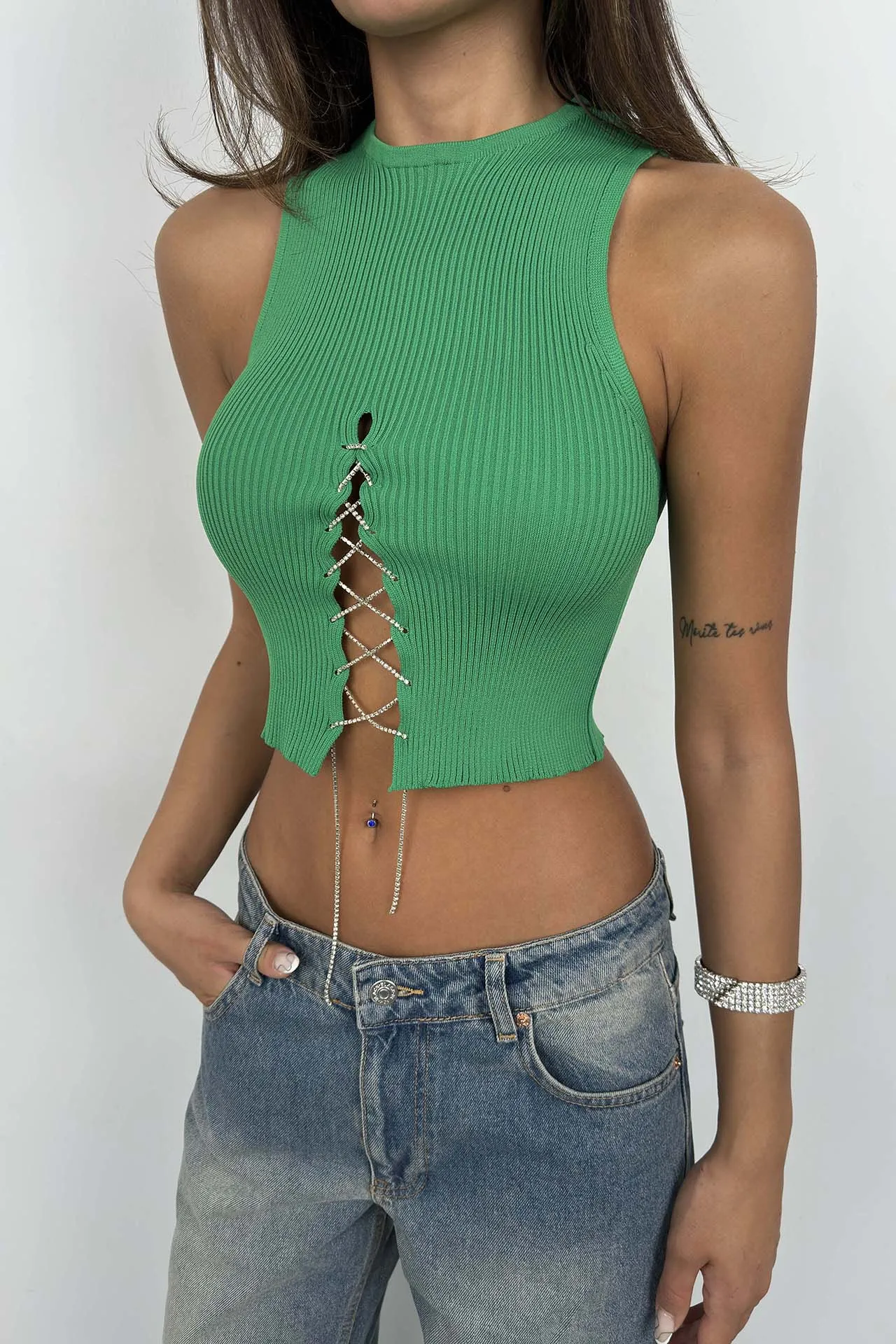 Crop Top With Stone Chain Detail