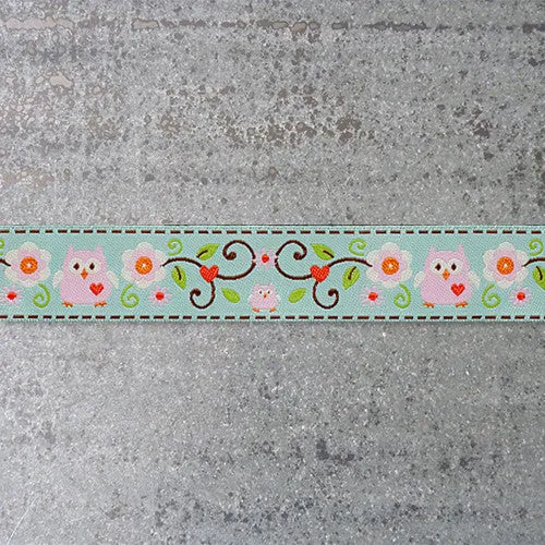 Dena Designs Ribbon : Happi Owls - Pink on Aqua