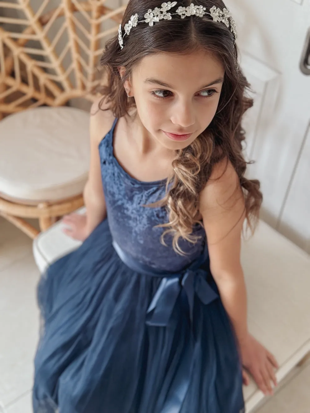 Ebony Girls Velvet Dress - Navy