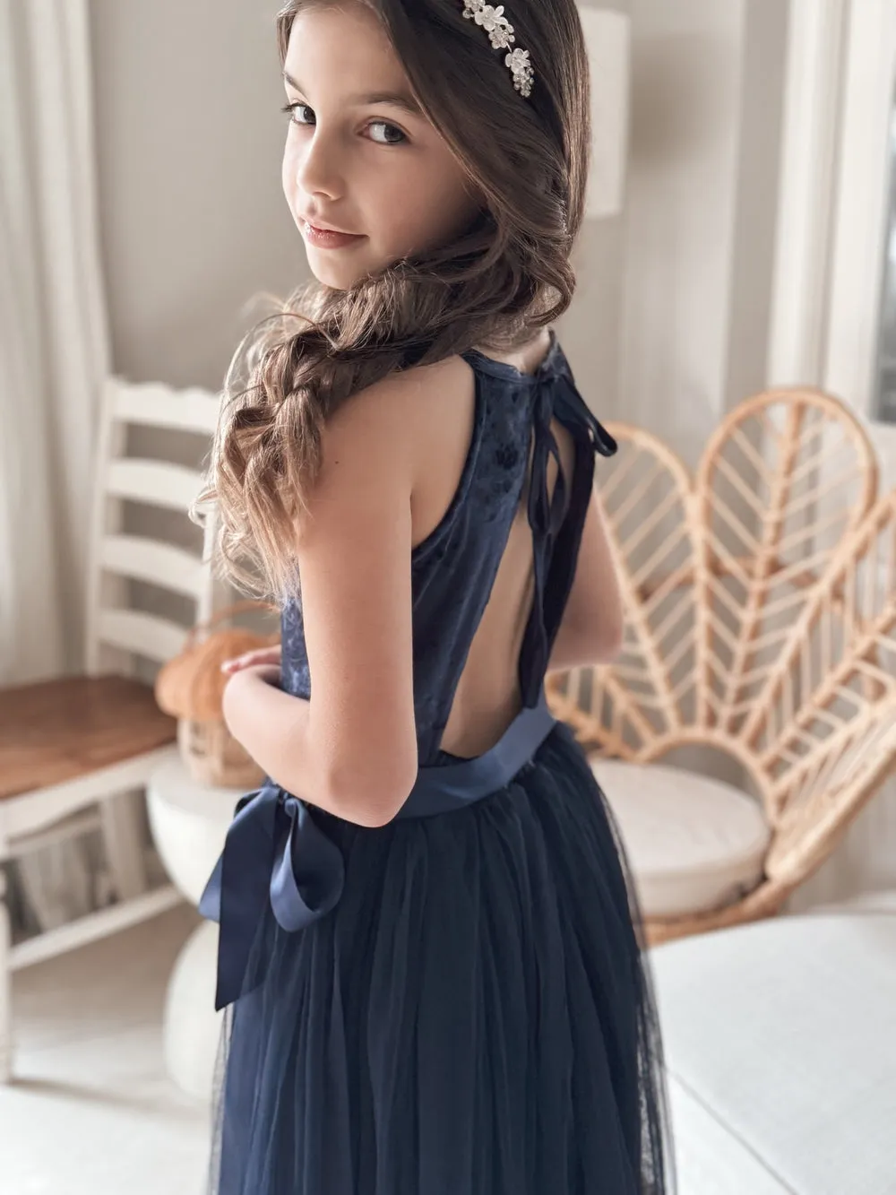 Ebony Girls Velvet Dress - Navy