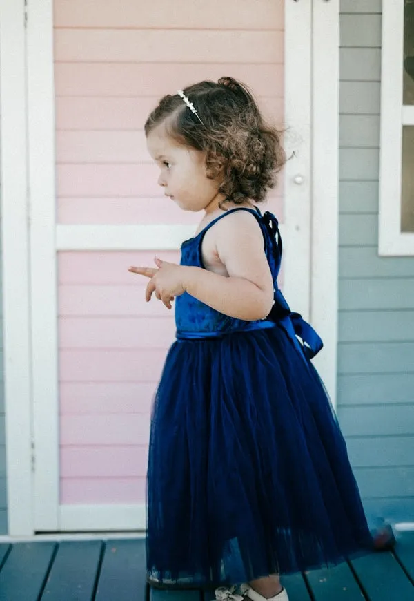 Ebony Girls Velvet Dress - Navy