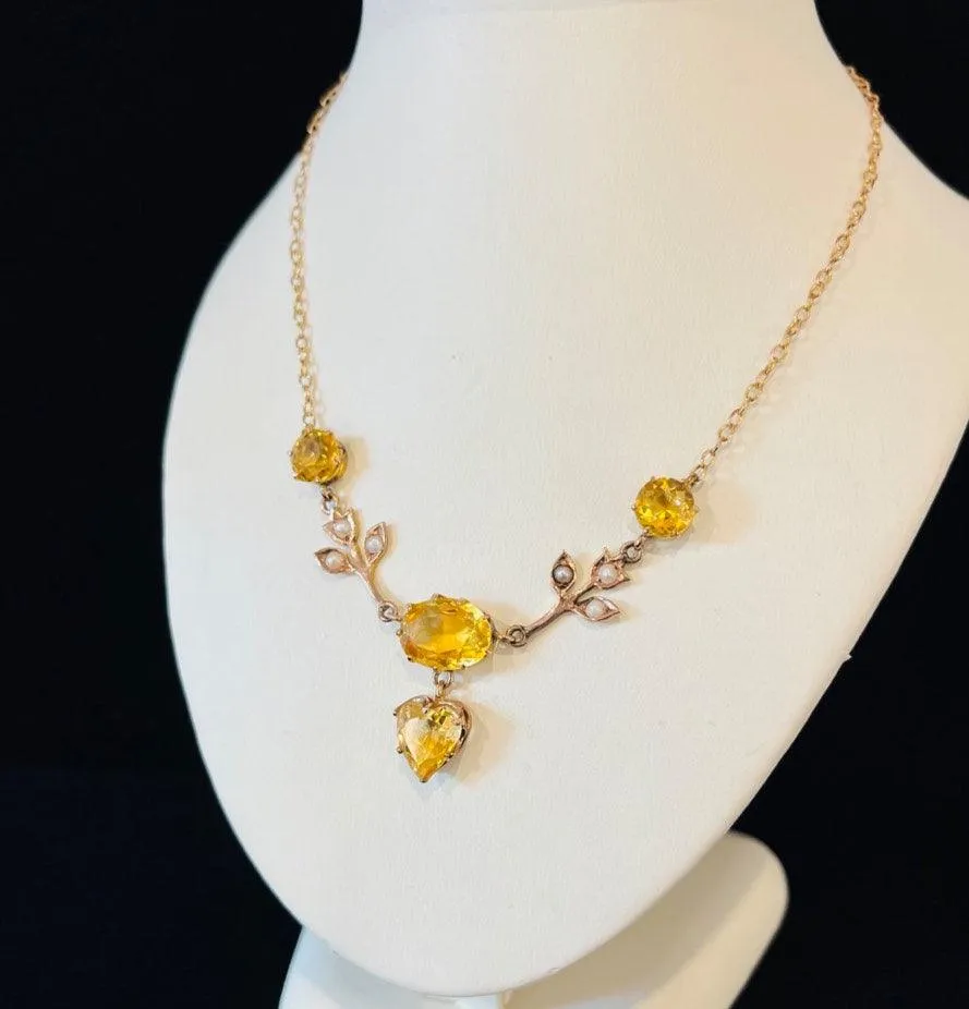 Edwardian Citrine and Pearl Heart Shape Necklace