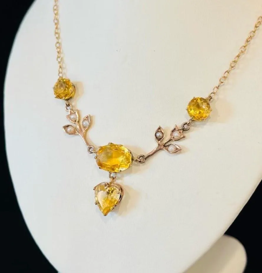 Edwardian Citrine and Pearl Heart Shape Necklace