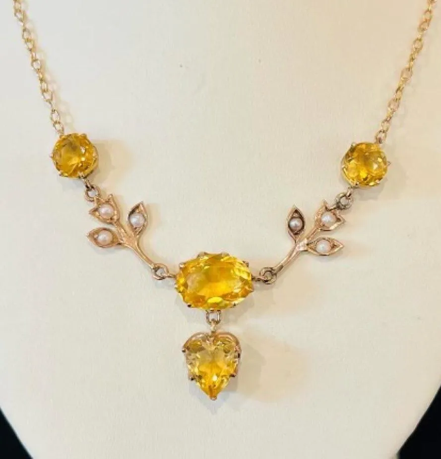 Edwardian Citrine and Pearl Heart Shape Necklace