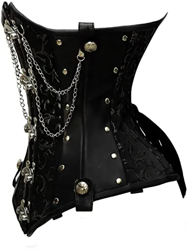 Goel Silver Brocade & Faux Leather Underbust Corset With Chain Details