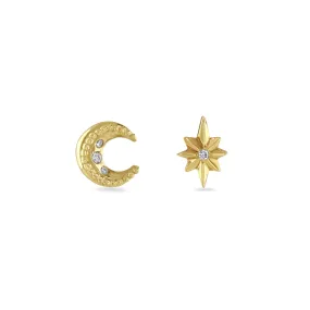 Gold & Diamond Mini Moon & North Star Stud Earrings