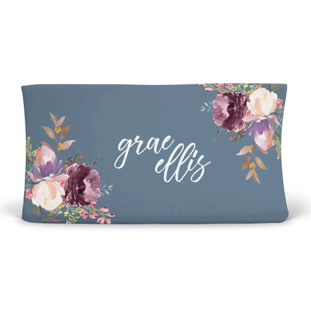 Grae's Dusty Blue Floral Personalized Changing Pad Cover