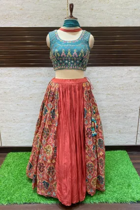 Green and Rust Thread, Beads, Sequins and Mirror work with Floral Print Crop Top Lehenga