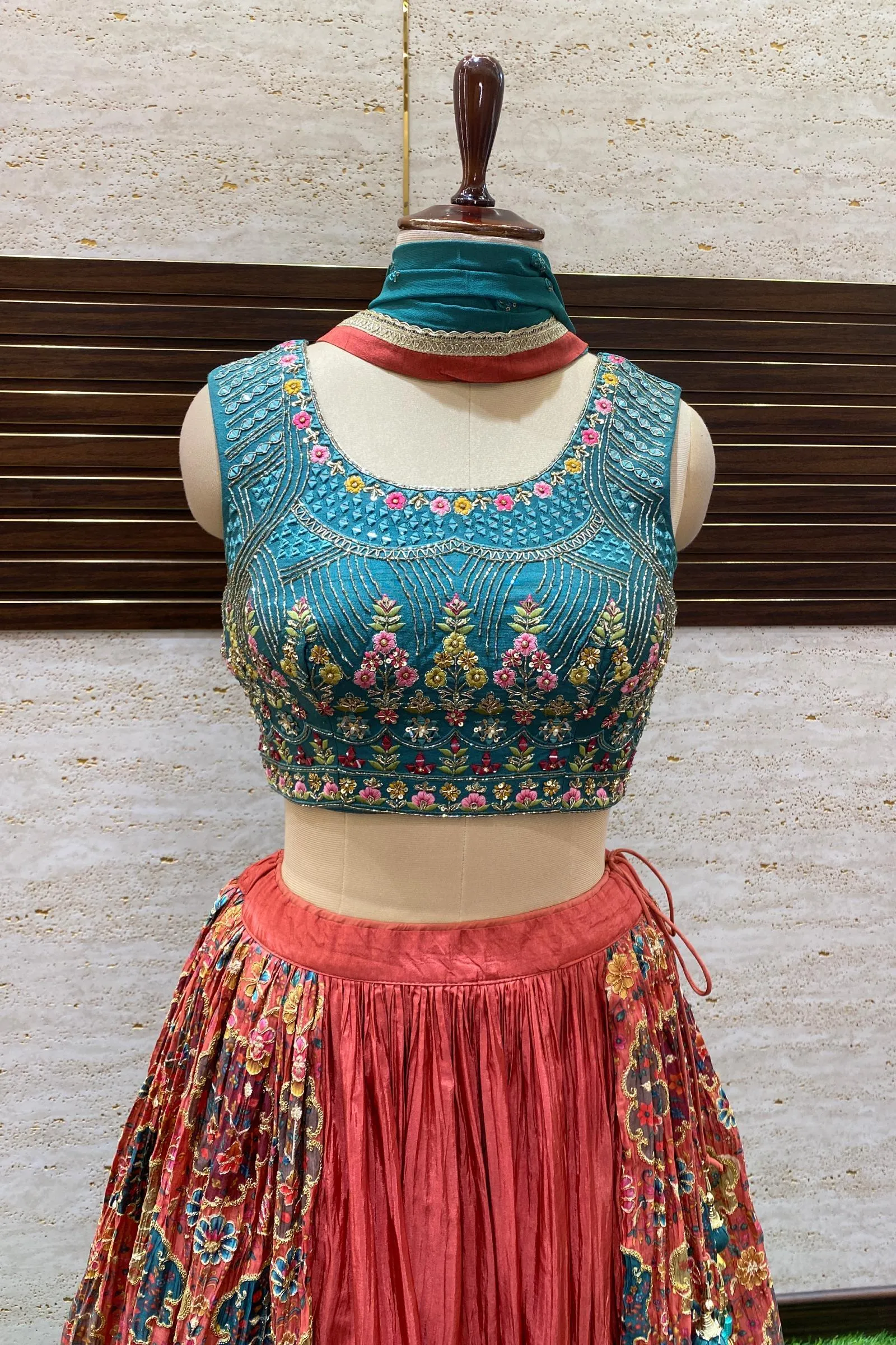 Green and Rust Thread, Beads, Sequins and Mirror work with Floral Print Crop Top Lehenga