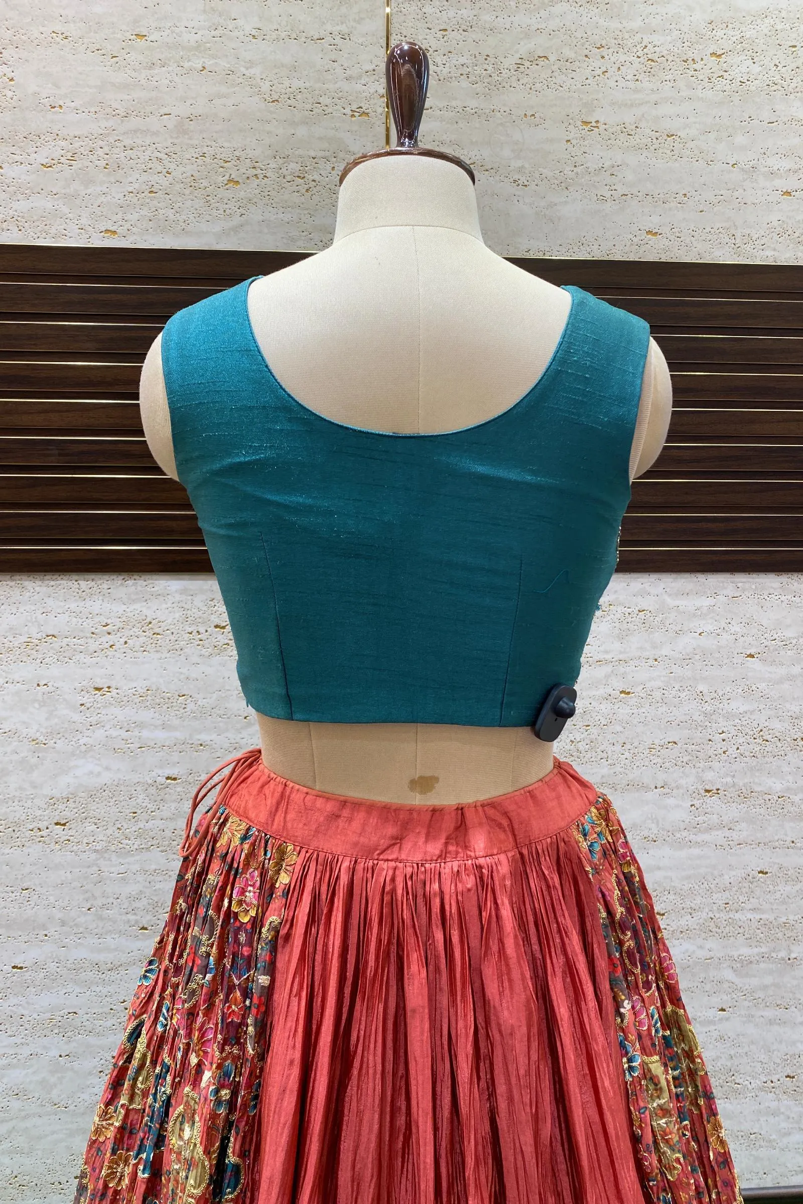 Green and Rust Thread, Beads, Sequins and Mirror work with Floral Print Crop Top Lehenga