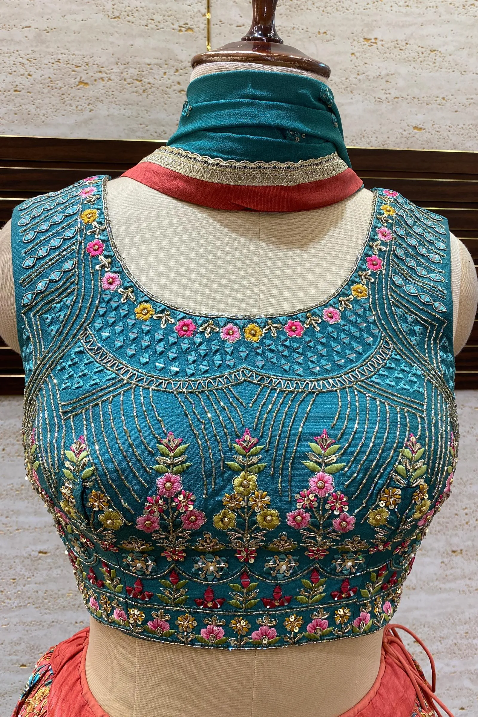 Green and Rust Thread, Beads, Sequins and Mirror work with Floral Print Crop Top Lehenga