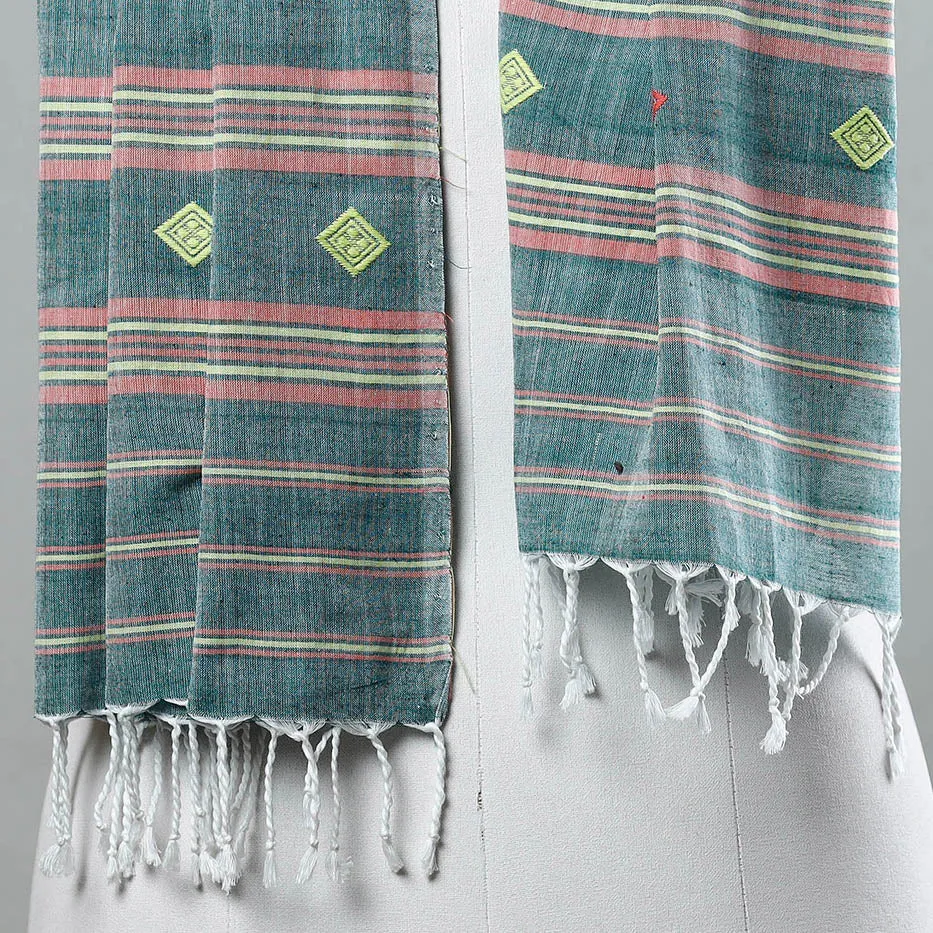 Green - Assam Weave Handloom Cotton Thread Motifs Stole with Tassels